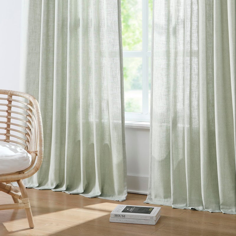 Vision Home Soft Green Pinch Pleated Semi Sheer Curtains Textured Linen Blended Light Filtering Window Curtains 95 inch for Living Room Bedroom Pinch Pleat Drapes with Hooks 2 Panels 40"" Wx95 L - Image 2